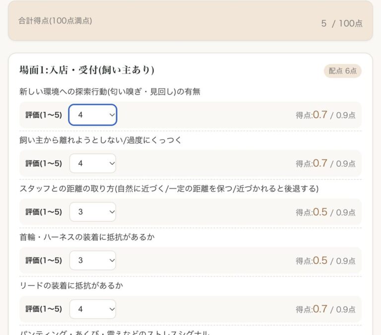 ペットホテル版の採点画面(見本)