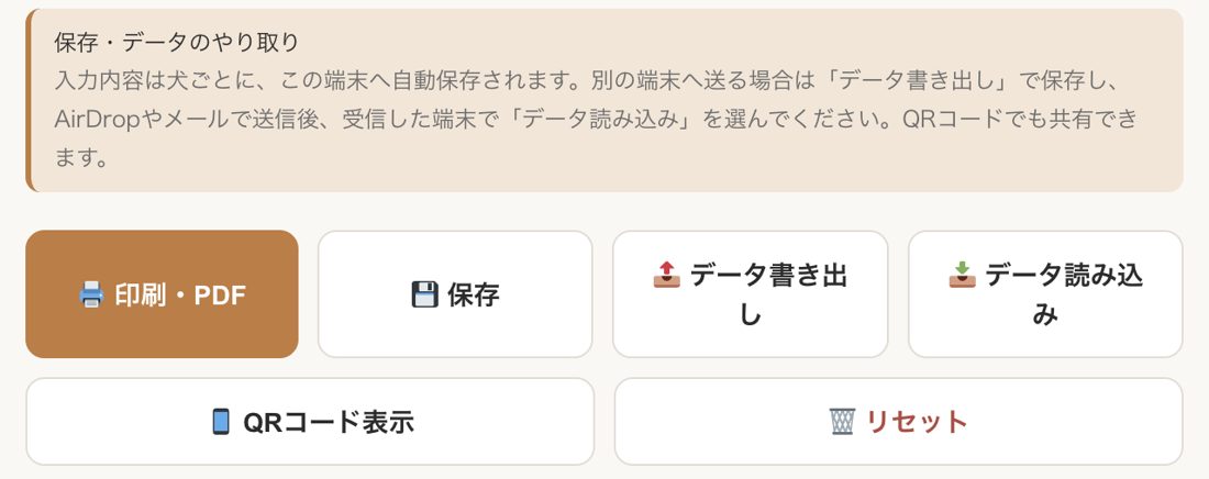 印刷・保存・データ共有のボタン